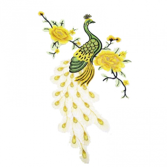 Picture of Polyester Embroidery Appliques Patches DIY Scrapbooking Craft Yellow Flower Peacock 57cm x 40cm, 1 Piece