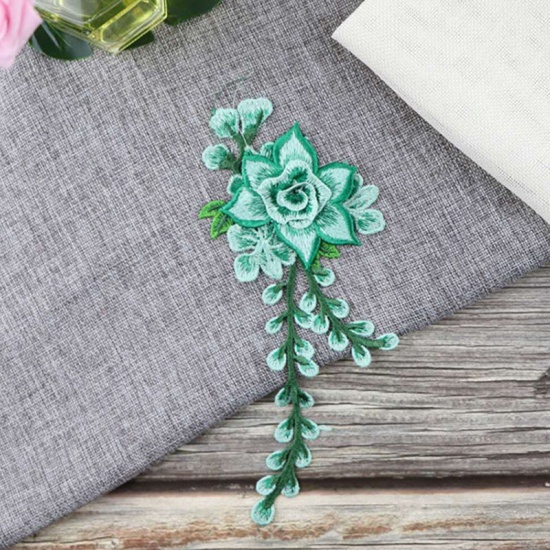 Picture of Polyester Embroidery Appliques Patches DIY Scrapbooking Craft Green Flower 24cm x 10cm, 1 Piece