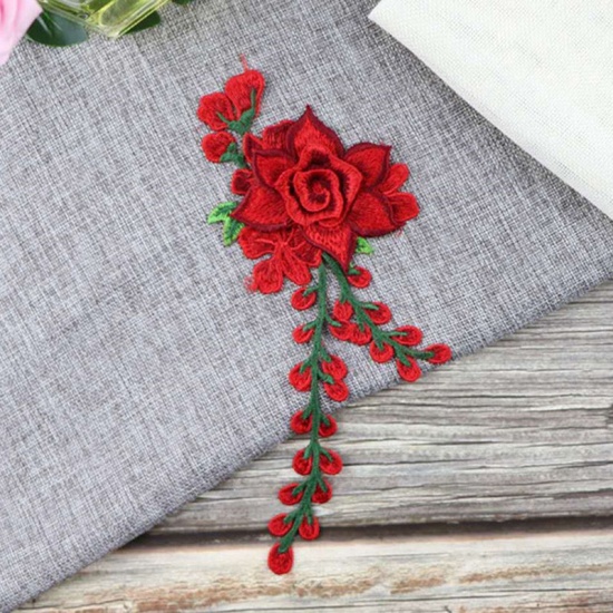 Picture of Polyester Embroidery Appliques Patches DIY Scrapbooking Craft Red Flower 24cm x 10cm, 1 Piece